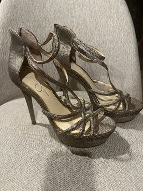 Jessica Simpson Metallic Gold Glitter Strappy Platform Heels